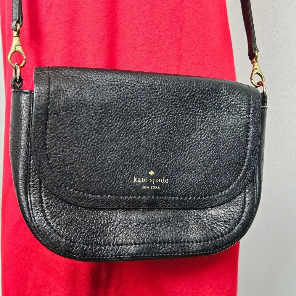 Kate Spade Black Pebbled Cow Leather Crossbody Flap Bag Gold Tone Hardware